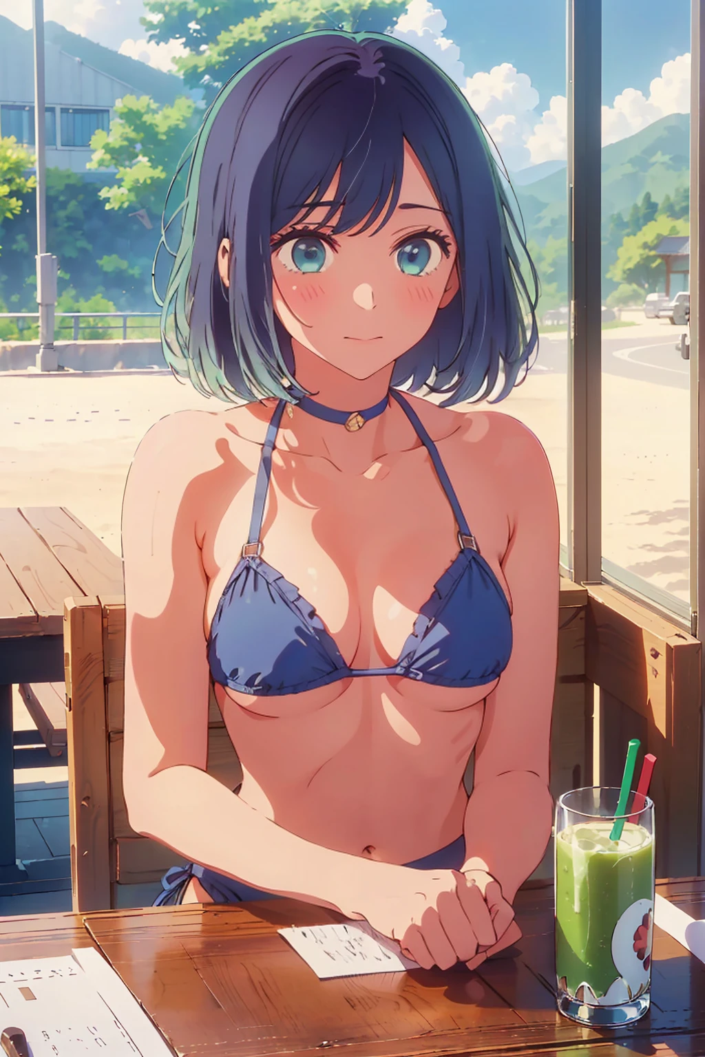 (Highest quality:1.4、masterpiece:1.4、Super detailed:1.4、8K:1.4)、((((1 person、Surprised expression、sit、Outdoor café terrace、coastal、juice、table、Sandy Beach、juiceのグラスを持つ、Plain Bikini、The depth of the written world、Very soft boobs、Big eyes、Very cute face))))、F cup bust、Medium breast、Underboob、Sideboob