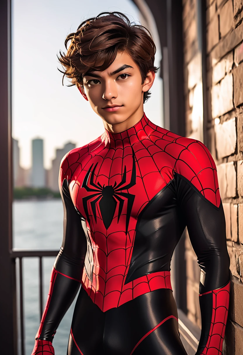 A twenty year old half mexican half white. with short brown hair cosplaying a red and black spiderman suit. Well toned body and handsome.