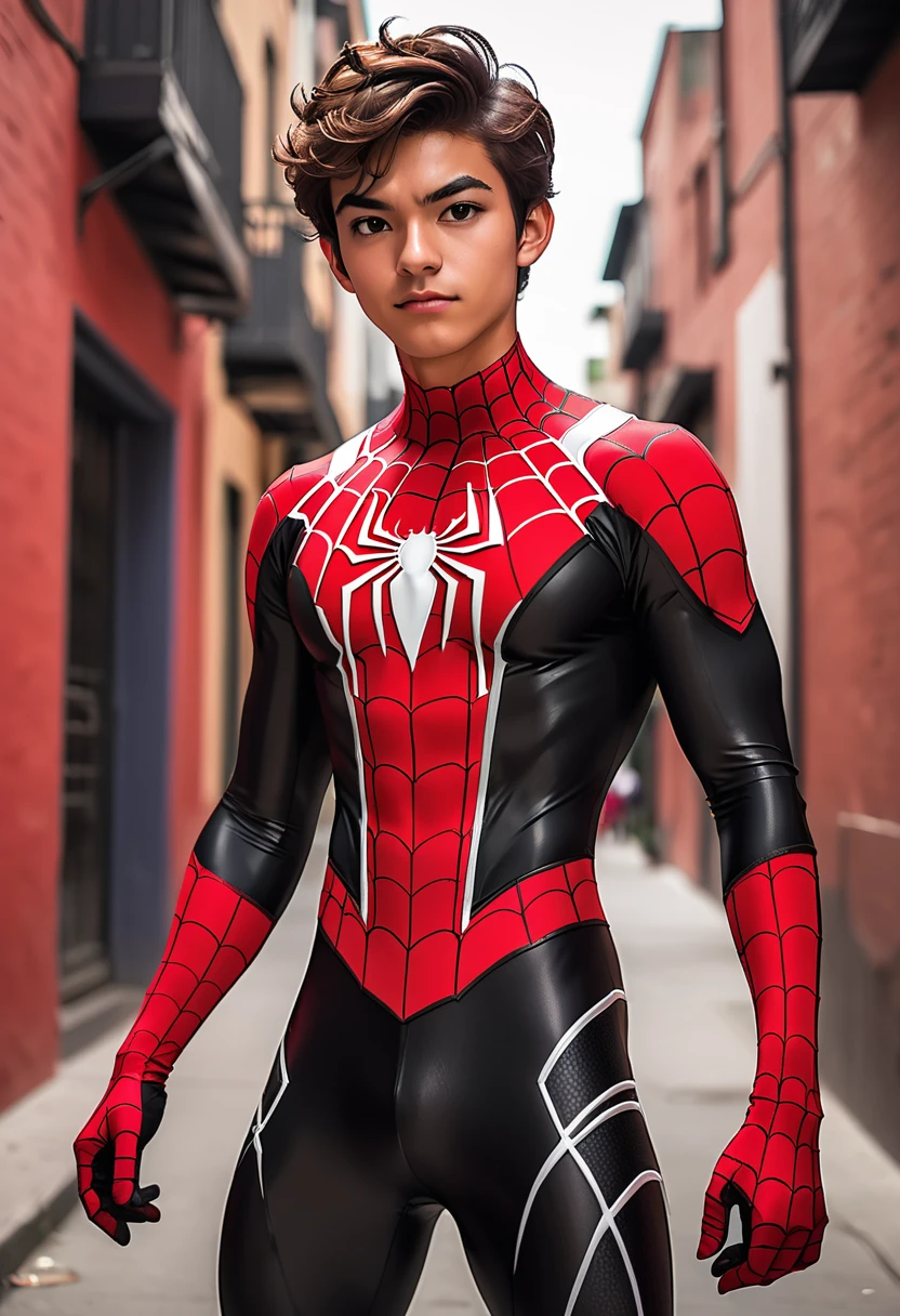 A twenty year old half mexican half white. with short brown hair cosplaying a red and black spiderman suit. Well toned body and handsome.