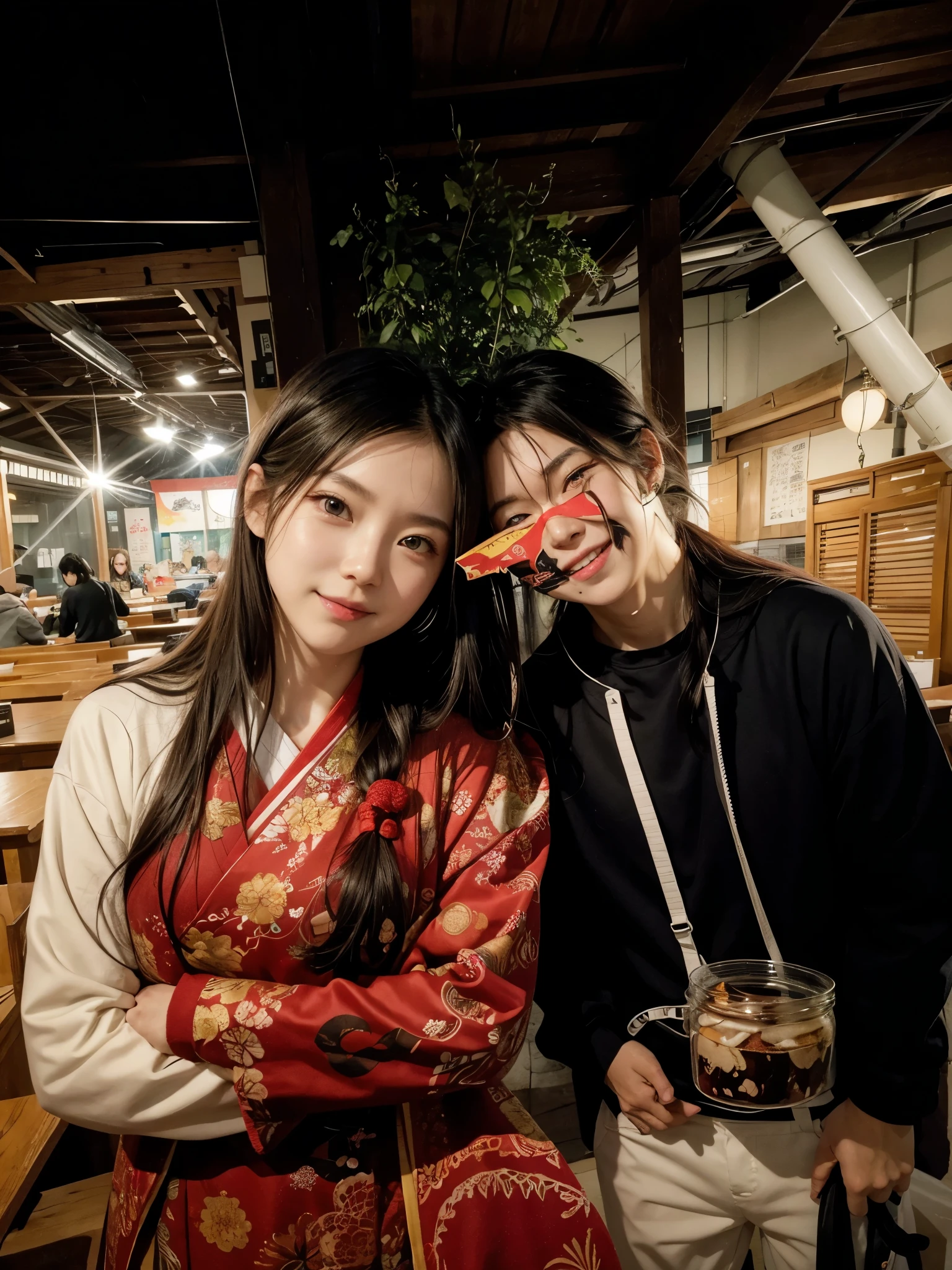 work of art, best qualityer,1 girl, standing alone, discomfort, red 弓, 弓, long hair, hair 弓, Ainu clothing, standing alone, hair elastic, Bblack hair, fingerless mitts, manga curta, mitts, range, bangss, red hair elastic, breastsout, eyes browns, White pants, Japanese clothing, work of art, drlight smile, (illustration: 1.5), running towards the spectator
