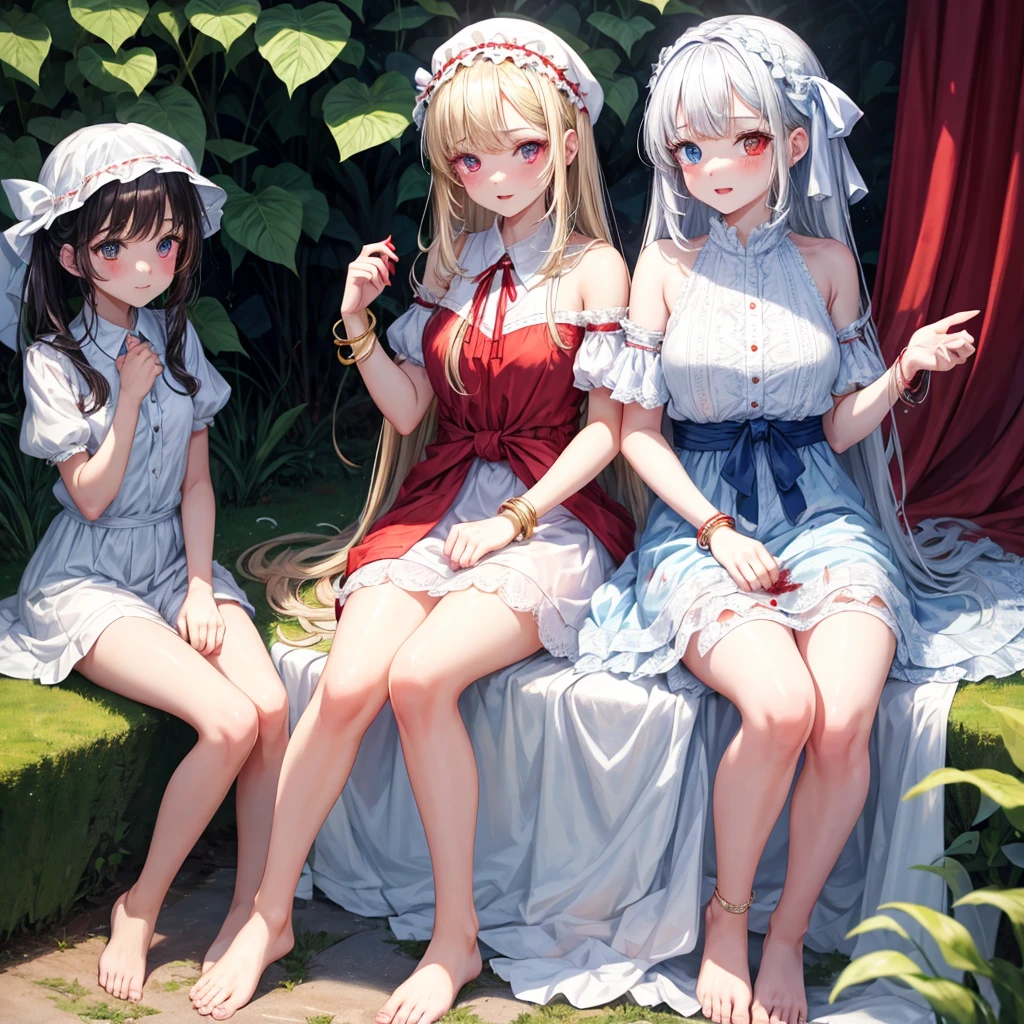 Two girls, one of the girls is wearing blue accessories, her left heterochromia eyes are sky blue and her right is blood red, wearing a white dress with a ribbon at her waist, and the other girl is wearing blood red accessories, her left heterochromia eyes are blood red and her right is sky blue, wearing a white dress with red ribbon around her waist beautiful girl, and soul, sunshine, sitting, blanket covering her head, barefoot, cute bracelet, shaking head