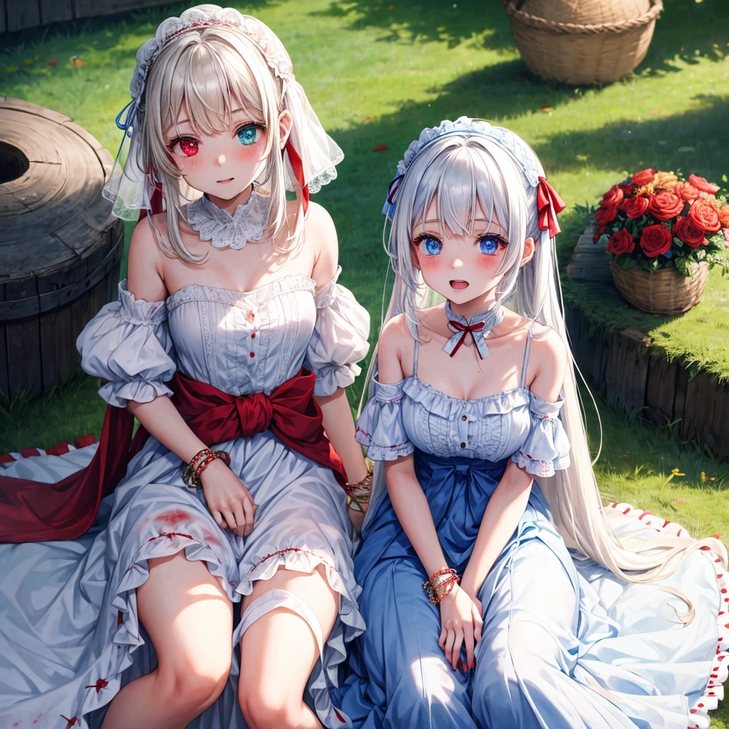 Two girls, one of the girls is wearing blue accessories, her left heterochromia eyes are sky blue and her right is blood red, wearing a white dress with a ribbon at her waist, and the other girl is wearing blood red accessories, her left heterochromia eyes are blood red and her right is sky blue, wearing a white dress with red ribbon around her waist beautiful girl, and soul, sunshine, sitting, blanket covering her head, barefoot, cute bracelet, shaking head