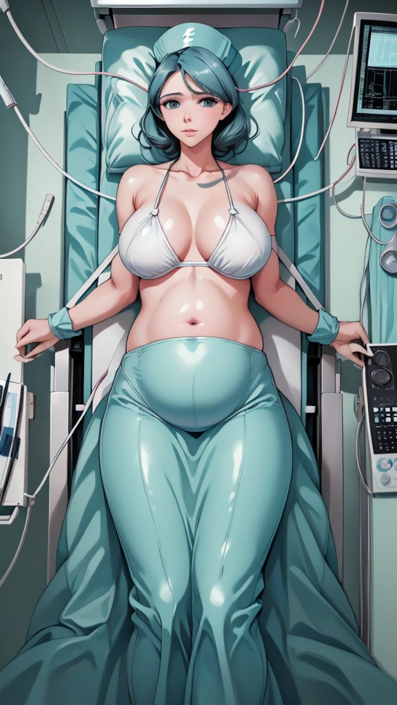 Score_9, Score_8, Score_7, source_anime, raw image, masterpiece, highest quality, view from top down, see all over the body, 
a hospital, 1 women, solo, pregnant and close to giving birth, pale skin, frown, worried eyes, surgical bed, lying on the operating bed, lie on your back, lying with arms spread out, in the operating room, surgical cap, big breasts, underwear, bare stomach, show your belly, not covering the stomach, don't put your hands together over she stomach, don't cover up her stomach, there is a surgical bed cover covering the legs, surgical lamp, 
Picture explaining the cesarean section event