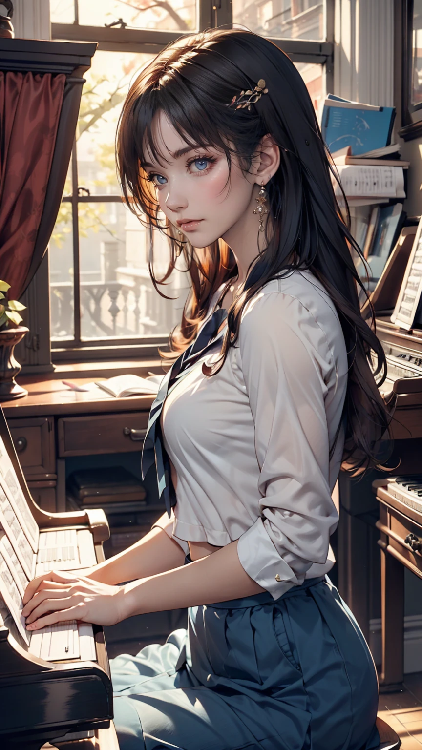 high school girl、music room、after school、Sunset from the window、Playing the grand piano