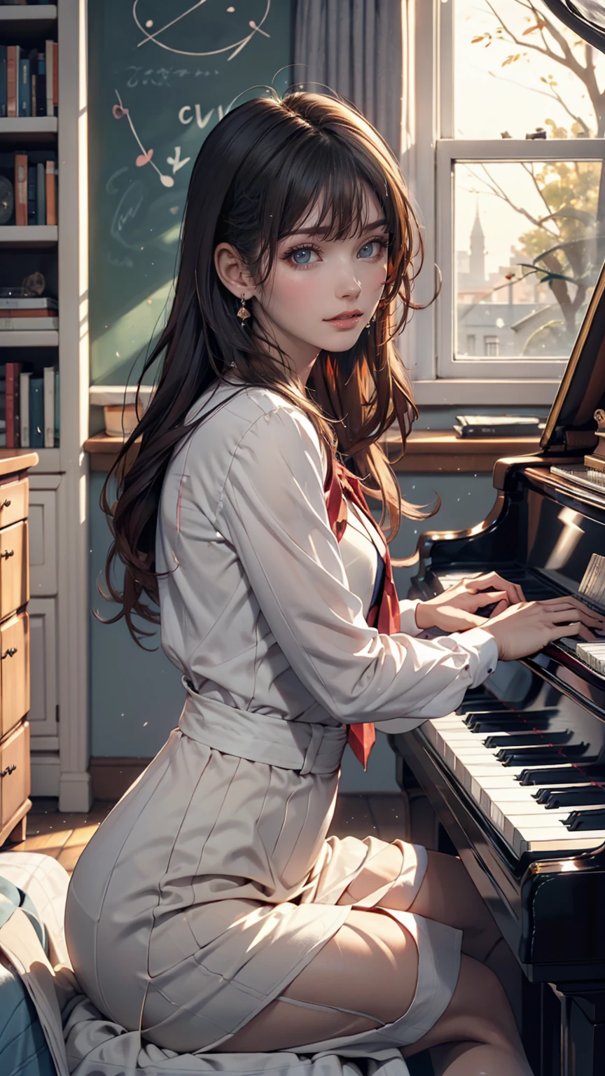 high school girl、music room、after school、Sunset from the window、Playing the grand piano