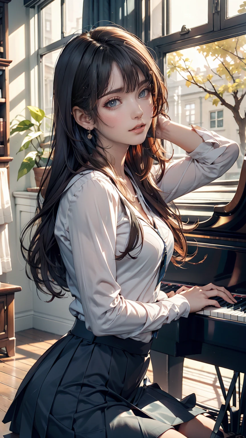 high school girl、music room、after school、Sunset from the window、Playing the grand piano