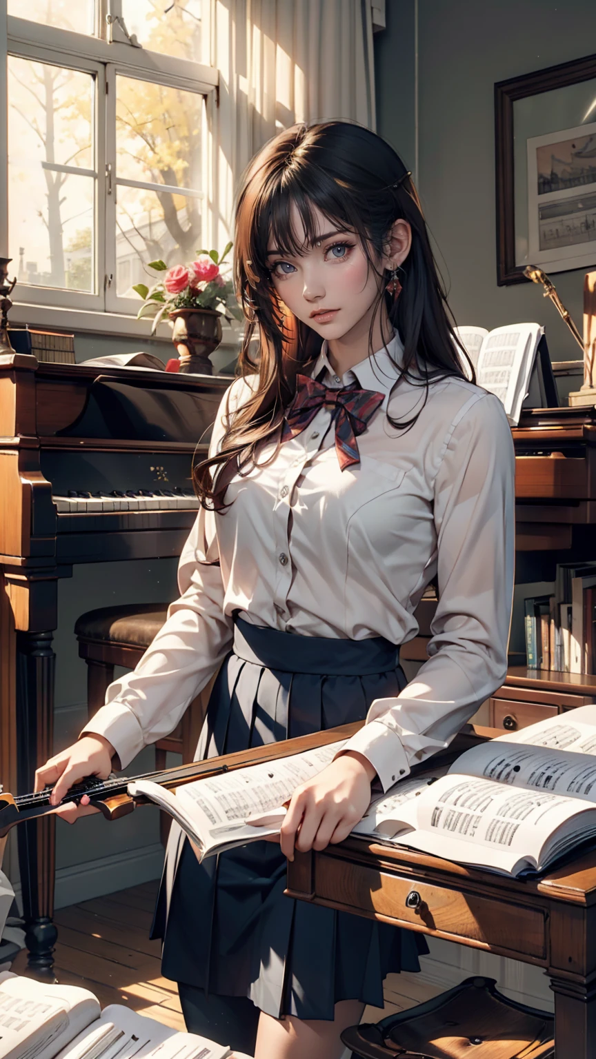 high school girl、music room、after school、Sunset from the window、Playing the grand piano