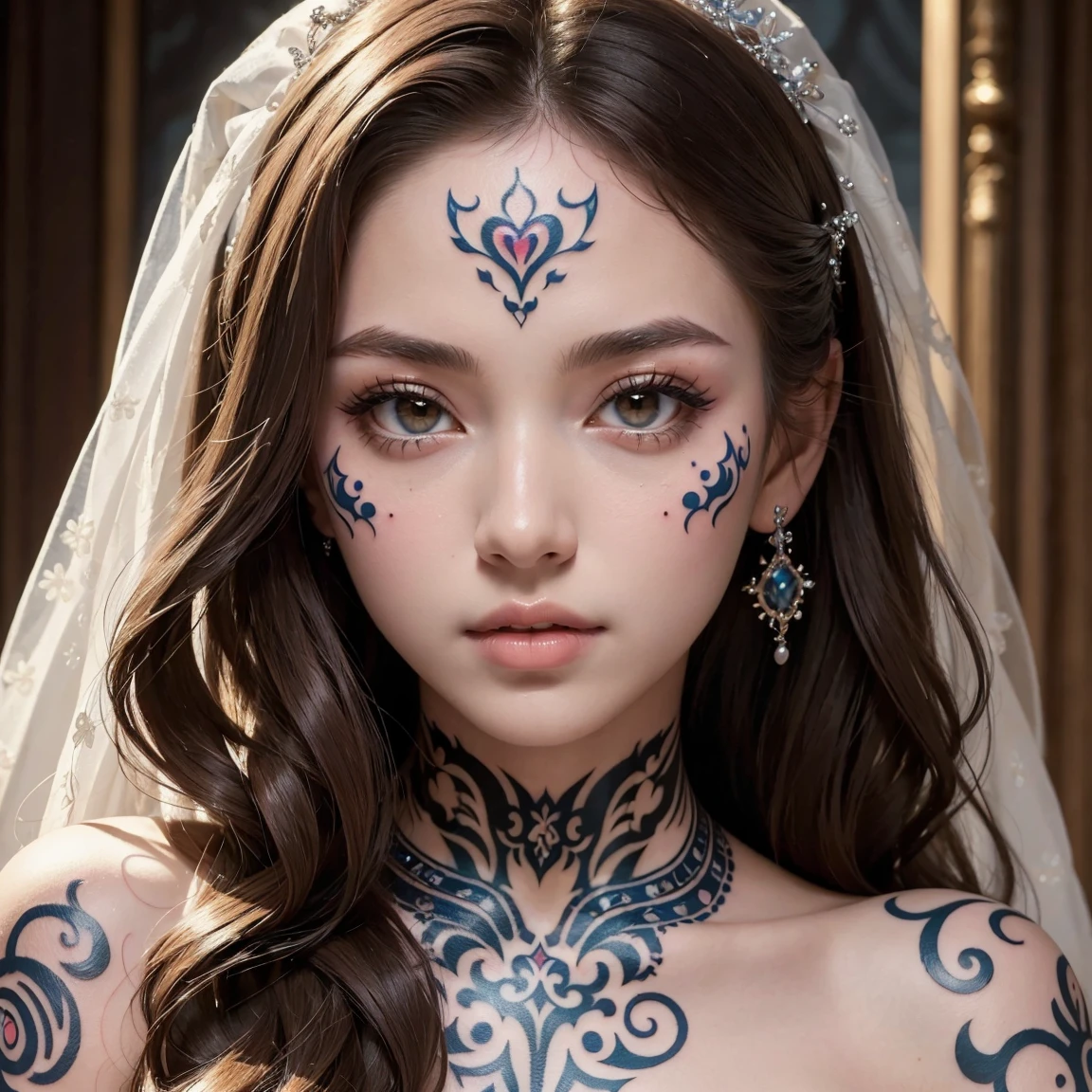 NSFW, (masterpiece, best quality:1.5), ultra detailed, high resolution, 16k, the most beautiful face in the world, perfect face, delicate facial features, highly detailed beautiful face and eyes, shiny skin, highly detailed background, elaborately designed, fine cloth texture, perfect anatomy, BREAK, (gorgeous and stunning teenage princess in gorgeous and luxurious princess dress:1.2), perfect make-up, eyeshadow, lash extensions, rouge, deeply in love, full of elegance, (face mysterious tattoo:1.4)