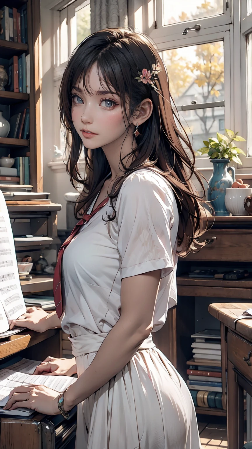 high school girl、music room、after school、Sunset from the window、Playing the grand piano