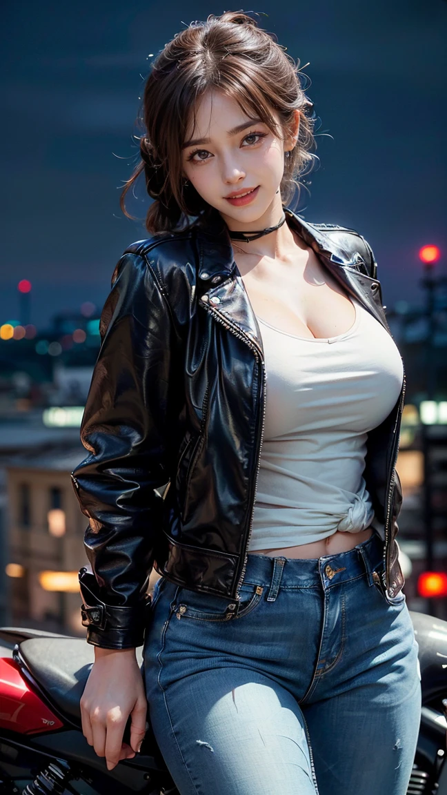 (Masterpiece, BestQuality:1.3), (ultra detailed:1.2), (hyperrealistic:1.3), (RAW photo:1.2),High detail RAW color photo, professional photograph, (Photorealistic:1.4), (realistic:1.4), ,professional lighting, (japanese), beautiful face, (realistic face), cute woman, (Brown Hair:1.5), (Big Breasts:1.2), (Smile:1.5), Trending Hair&Trending Hairカラーをランダムに, sexly, erotic sexly, Random sexy gravure poses, ((((Sexy woman in leather jacket and jeans、Riding a motorcycle。The background is a night view of the city、The woman has a cool look on her face and her black hair tied back.。:1.2), Beautiful location, (Detailed Background))
