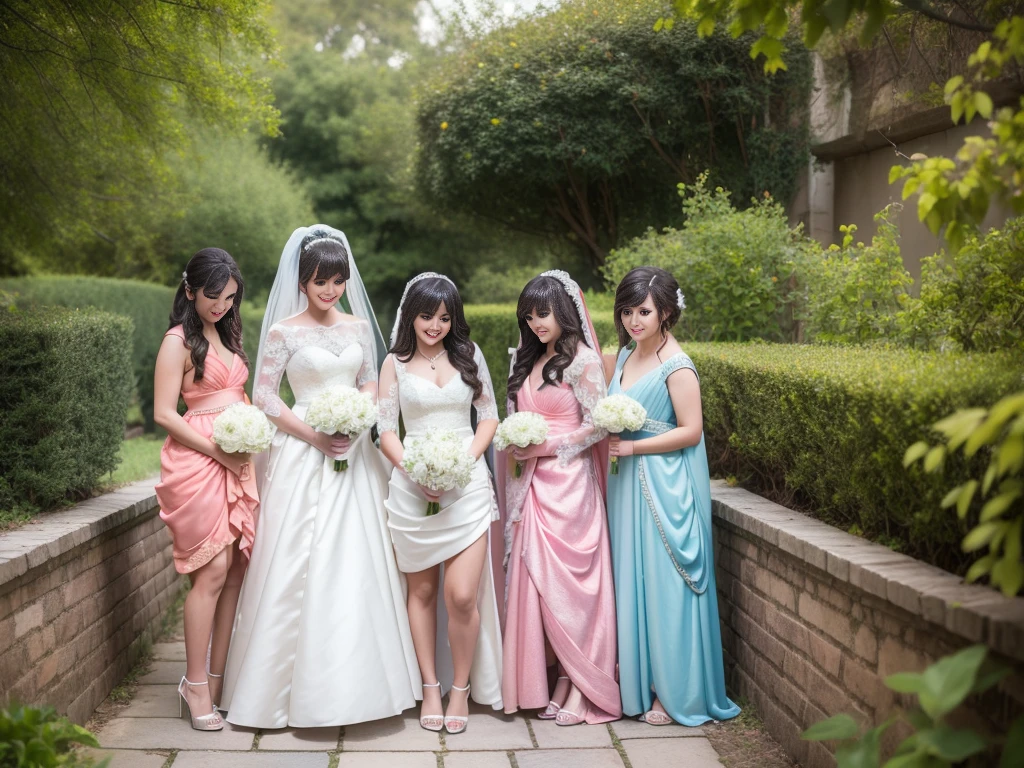 4 women Line up in a seductive mini dresses and tight g-strings, beautiful detailed eyes,beautiful detailed lips,extremely detailed eyes and face,longeyelashes,smiling,high heels,bangs,outdoor garden,bride and groom,wedding venue,best quality,4k,8k,highres,masterpiece:1.2,ultra-detailed,realistic,photorealistic,photo-realistic:1.37,HDR,UHD,studio lighting,ultra-fine painting,sharp focus,physically-based rendering,extreme detail description,professional,vivid colors,bokeh,portraits