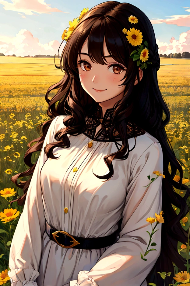 1 girl, delicate, sweet smile, whole body, black hair, long curly hair, Brown eyes, blessed, blessed, field flowers