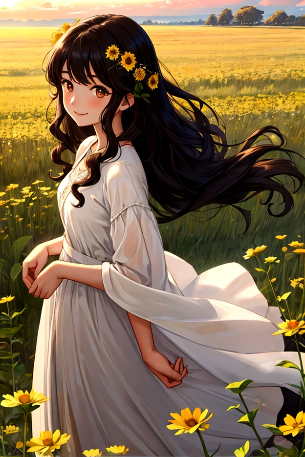 1 girl, delicate, sweet smile, whole body, black hair, long curly hair, Brown eyes, blessed, blessed, field flowers