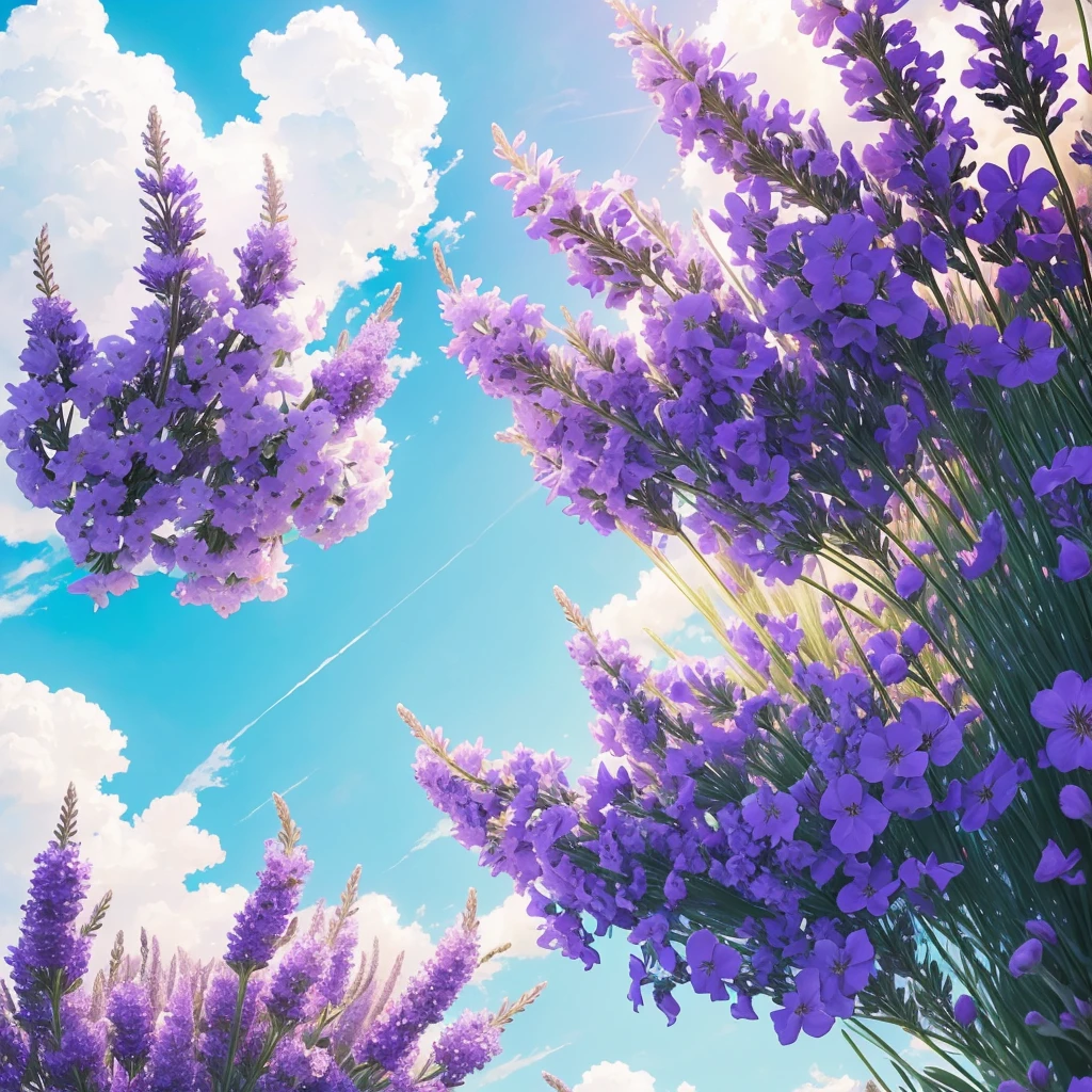 purple and white flowers against a blue sky background, 🌺 cgsociety, lavender flowers, lavender, soft purple glow, beautiful flowers, purple flowers, soft flowers, purple hues, lavender blush, soft lilac skies, soft vibrant colors, beautiful flower, purple and blue, violet flowers, blue and violet, pretty flowers, white and purple, beautiful background, in pastel colors