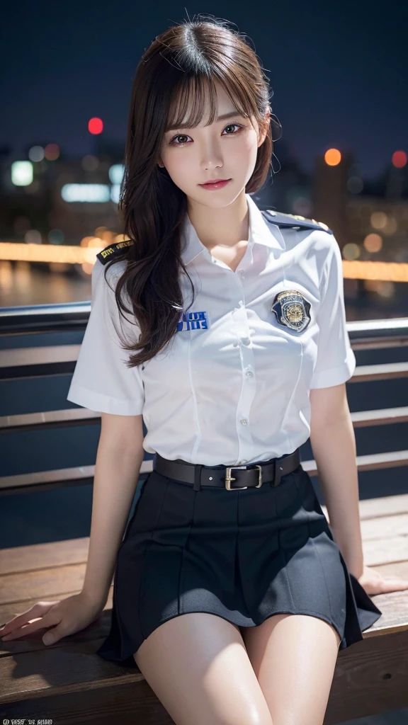 Innocent 20 year old girl、((Police Girl, sexy police uniform, Skirt, Cute and elegant, Dramatic poses)),Smile,night city background,short-cut、Raw photo, (8K、top-quality、masterpiece:1.2)、(intricate detailes:1.4)、(Photorealsitic:1.4)、octane renderings、Complex 3D rendering ultra detail, Studio Soft Light, Rim Lights, vibrant detail, super detailing, realistic skin textures, Detail Face, Beautiful detail eyes, Very detailed CG Unity 16k wallpaper, make - up, (detailedbackground:1.2), shinny skin, Full body,Hands down、Spread your legs and show your panties,sit on a bench