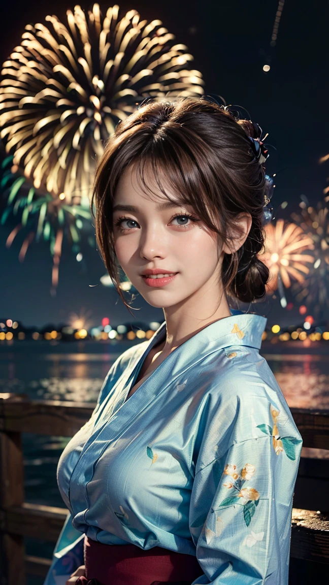 (Masterpiece, BestQuality:1.3), (ultra detailed:1.2), (hyperrealistic:1.3), (RAW photo:1.2),High detail RAW color photo, professional photograph, (Photorealistic:1.4), (realistic:1.4), ,professional lighting, (japanese), beautiful face, (realistic face), cute woman, (Brown Hair:1.5), (Big Breasts:1.2), (Smile:1.5), Trending Hair&Trending Hairカラーをランダムに, sexly, erotic sexly, Random sexy gravure poses, ((((A woman wearing a beautiful yukata、Enjoying the fireworks display。The background is fireworks spreading in the night sky、The woman has her black hair tied up with an emotional expression.。:1.2), Beautiful location, (Detailed Background))