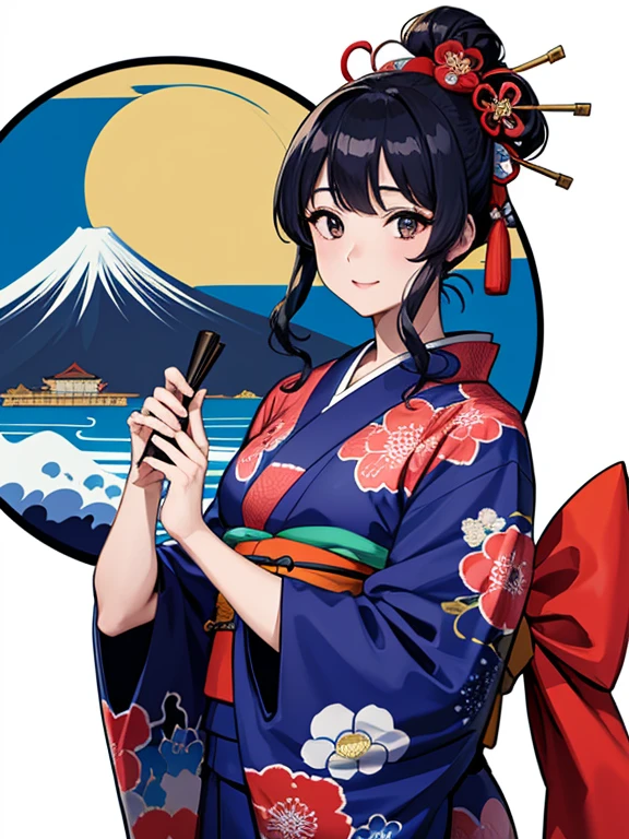 (Highest quality、masterpiece、High resolution、8K)、Ukiyo-e、Vibrant colors、Katsushika Hokusai、1 female、Black hair Japanese topknot、The kimono has a vivid floral pattern on a white background.、Official Art、背景はUkiyo-e風、White waves and Mt. Fuji、Flowers and Moon、White waves and the moon