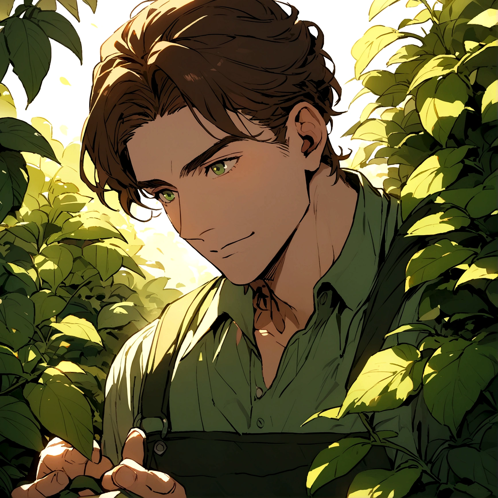 adult male gardener - brown hair - dark green eyes - in a garden