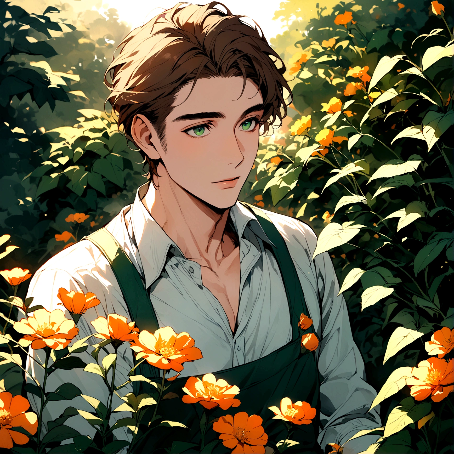 adult male gardener - brown hair - dark green eyes - in a garden