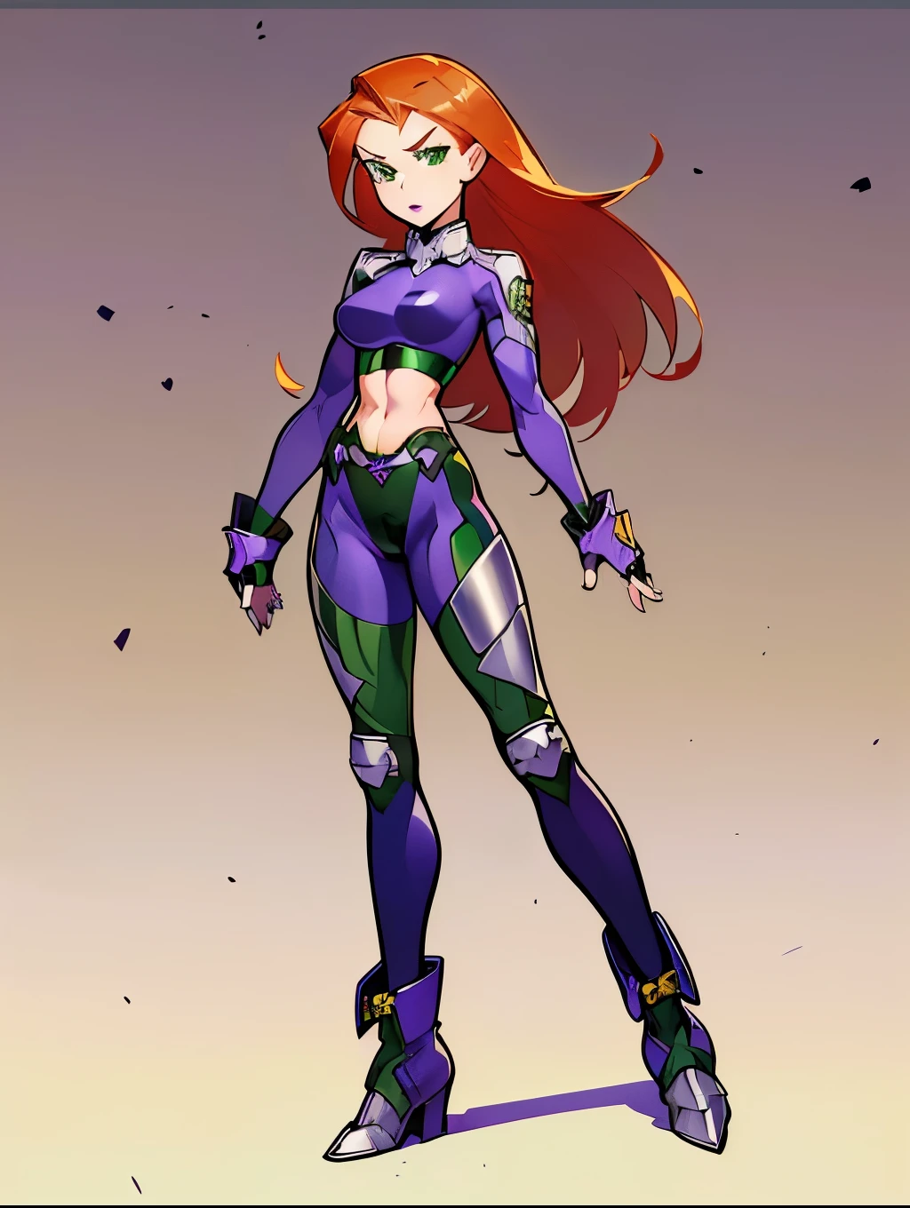 (My Hero Academia Style), ((((Kim Possible)))), ((Cartoon)), ((1girl)), (((Solo))), (((Redhead))), (((long hair))), (((green eyes))), (((purple lips))), (((Green tight-fitting long-sleeved leotard))), (((Green tight-fitting leotard))), (((Long-sleeved tight-fitting leotard))), (((tight-fitting leotard))), (((Bare legs))), (((toned legs))), (((Wide thighs))), (((wide calves))), (((fingerless green gloves))), (((green gloves))), (((fingerless gloves))), (((slightly marked muscles))), (((medium breasts))), (((wide hips))), (((toned waist))), (((toned abdomen))), (((Abs))), (((purple knee-high combat boots with metallic toe))), (((purple knee-high boots))), (((knee-high combat boots with metal toe))), (((purple combat boots with metal toe))), (((purple combat boots))), (((combat boots with metal toe))), (((purple boots))), (((boots combat knee-length))), (((Silver metal knee pads))), (((metal knee pads))), (((silver knee pads))), ((((knee pads)))), (((Full body photo:1.5))), (((perfect anatomy))), (((perfect hands))), (((perfect face))), (((super detailed))), (((cowboy bull:1.5))),
