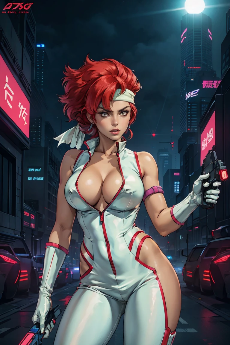 best quality,ultra-detailed,portrait of YKei from The Dirty Pair,realistic,animesque, vibrant colors,bold and dynamic pose,powerful expression,beautiful detailed eyes,intense,sharp focus,medium:anime style,short red hair,wearing her signature white jumpsuit and pink gloves,holding a laser gun in her hand,standing in front of a futuristic cityscape as the sun sets,featuring neon lights and towering skyscrapers,creating a cyberpunk atmosphere,with a touch of mystery and adventure, green headband, cleavage