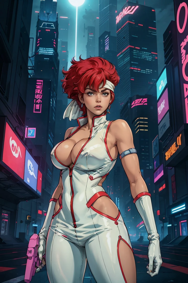 best quality,ultra-detailed,portrait of YKei from The Dirty Pair,realistic,animesque, vibrant colors,bold and dynamic pose,powerful expression,beautiful detailed eyes,intense,sharp focus,medium:anime style,short red hair,wearing her signature white jumpsuit and pink gloves,holding a laser gun in her hand,standing in front of a futuristic cityscape as the sun sets,featuring neon lights and towering skyscrapers,creating a cyberpunk atmosphere,with a touch of mystery and adventure, green headband, cleavage
