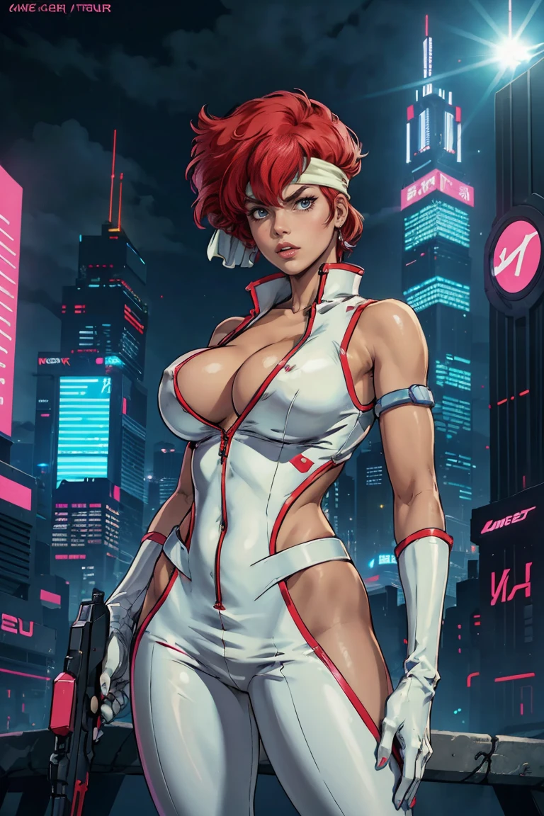 best quality,ultra-detailed,portrait of YKei from The Dirty Pair,realistic,animesque, vibrant colors,bold and dynamic pose,powerful expression,beautiful detailed eyes,intense,sharp focus,medium:anime style,short red hair,wearing her signature white jumpsuit and pink gloves,holding a laser gun in her hand,standing in front of a futuristic cityscape as the sun sets,featuring neon lights and towering skyscrapers,creating a cyberpunk atmosphere,with a touch of mystery and adventure, green headband,