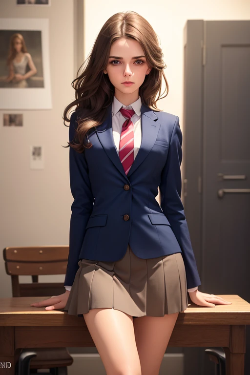 a beautiful young woman with long, very short brown hair, tomboy style, beautiful detailed eyes, beautiful detailed lips, extremely detailed eyes and face, small bust, athletic, long eyelashes, wearing a blue blazer style uniform with tie and tight skirt, socks up to shapely knees, thighs and legs, standing in an anatomy club room, looking at the viewer with an irritated expression, surrounded by drawings of the human body on a blackboard, with a replica of the human bust on a table, (best quality , 4k, 8k, high resolution, masterpiece: 1.2), ultra-detailed, (realistic, photorealistic, photorealistic: 1.37), HDR, UHD, studio lighting, ultra-fine painting, sharp focus, physically based rendering, extreme detail representation, professional, vivid colors, bokeh, portraits, photography, warm colors, dramatic lighting