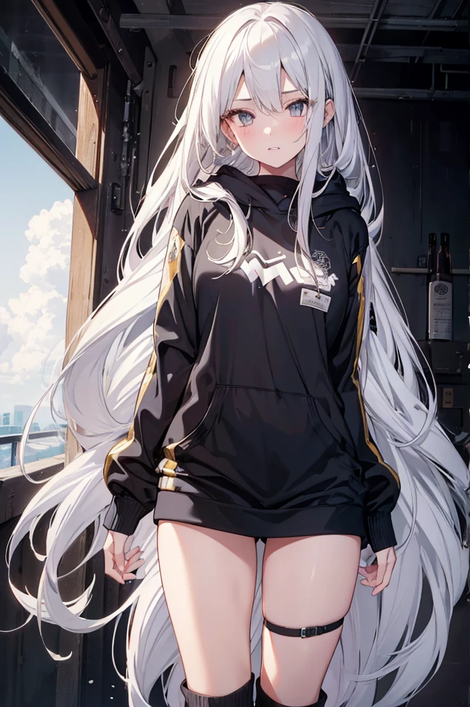 1girl, {Solitary}, Upper Body ,{{ {Watching at viewer}}}, Arms at your sides, Concept Art, white Background, simple Background, White hair, Silver gradient hair , Composite cloth, Asymmetrical clothes, Virtual YouTuber, best quality, masterpiece, Dynamic Angle, , cowboy_shooting, Watching_Back, grab, girl,Miss,woman, young,20 years old, Very long hair, Hair Flip, Silver Hair, Flowing hair, Ahog, giggle, Beautiful and delicate golden eyes, teeth, Large Breasts, Blonde eyes, White skin, hoodie, Black_shorts, Gray clothes, transparent_Background, Backlighting, absurd, high resolution, Extremely detailed,sweater,Face to face