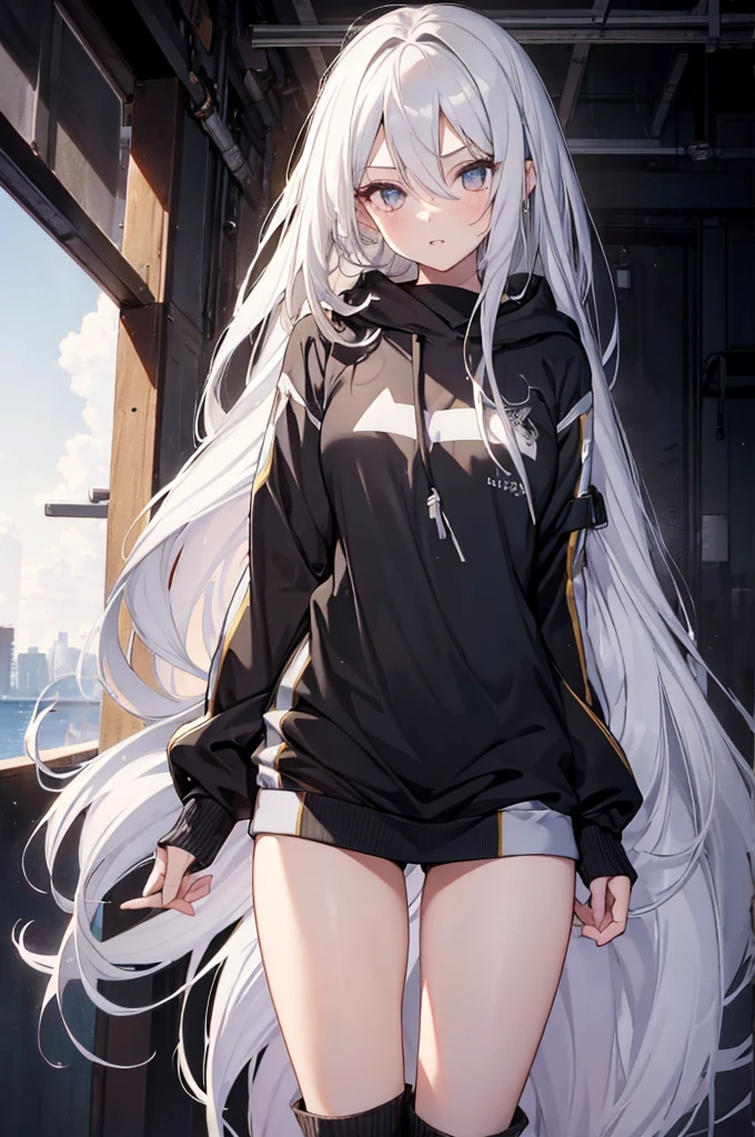 1girl, {Solitary}, Upper Body ,{{ {Watching at viewer}}}, Arms at your sides, Concept Art, white Background, simple Background, White hair, Silver gradient hair , Composite cloth, Asymmetrical clothes, Virtual YouTuber, best quality, masterpiece, Dynamic Angle, , cowboy_shooting, Watching_Back, grab, girl,Miss,woman, young,20 years old, Very long hair, Hair Flip, Silver Hair, Flowing hair, Ahog, giggle, Beautiful and delicate golden eyes, teeth, Large Breasts, Blonde eyes, White skin, hoodie, Black_shorts, Gray clothes, transparent_Background, Backlighting, absurd, high resolution, Extremely detailed,sweater,Face to face
