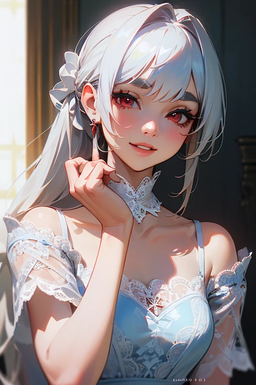 (Highest quality, masterpiece:1.2), (High resolution, 最高masterpiece).(difficult).Very detailed, Realistic:1.37, Fantasy, An illustration,Gray Hair、 Red eyes、Queen, White and blue dress、beautifully、Eyeshadow Red、Thick eyebrows、Long eyelashes、pupils are black、shiny on the lips、Top Sites、Queen、Princess、A kind smile、Show your teeth a little and smile、Soft impression、people々々々Loved by、Slimming the face、Shoulder Bare、ponytail、Kissing Face、Long white hair、Shaggy Bangs、Save face image、((Lace Underwear)).(sexy).