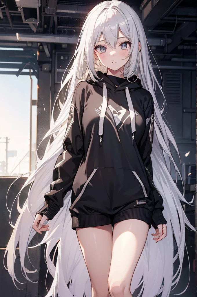 1girl, {Solitary}, Upper Body ,{{ {Watching at viewer}}}, Arms at your sides, Concept Art, white Background, simple Background, White hair, Silver gradient hair , Composite cloth, Asymmetrical clothes, Virtual YouTuber, best quality, masterpiece, Dynamic Angle, , cowboy_shooting, Watching_Back, grab, girl,Miss,woman, young,20 years old, Very long hair, Hair Flip, Silver Hair, Flowing hair, Ahog, giggle, Beautiful and delicate golden eyes, teeth, Large Breasts, Blonde eyes, White skin, hoodie, Black_shorts, Gray clothes, transparent_Background, Backlighting, absurd, high resolution, Extremely detailed,sweater,Face to face