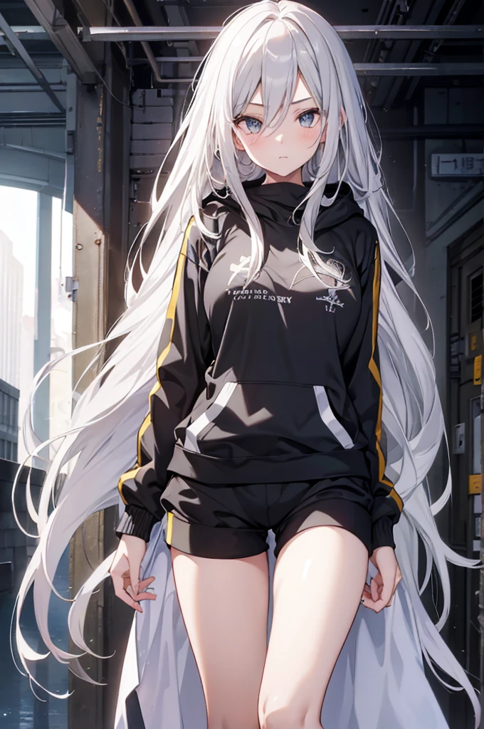 1girl, {Solitary}, Upper Body ,{{ {Watching at viewer}}}, Arms at your sides, Concept Art, white Background, simple Background, White hair, Silver gradient hair , Composite cloth, Asymmetrical clothes, Virtual YouTuber, best quality, masterpiece, Dynamic Angle, , cowboy_shooting, Watching_Back, grab, girl,Miss,woman, young,20 years old, Very long hair, Hair Flip, Silver Hair, Flowing hair, Ahog, giggle, Beautiful and delicate golden eyes, teeth, Large Breasts, Blonde eyes, White skin, hoodie, Black_shorts, Gray clothes, transparent_Background, Backlighting, absurd, high resolution, Extremely detailed,sweater,Face to face