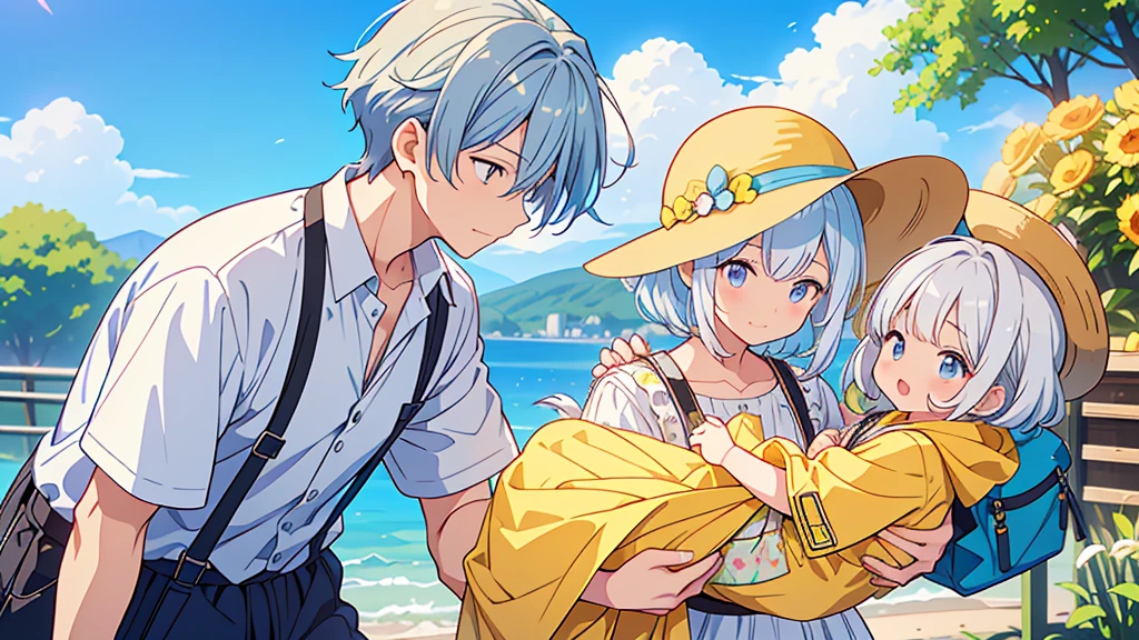 1mother,1son,(((Mother)))、Motherは会社の制服でYシャツに紺色のチェックのベストに黒のミニスカート、(kindergarten、A 3-year-old boy wearing a yellow hat and a yellow rectangular bag slung over his shoulder、Blue shorts、White shirt)、((Highest quality、Masterpiece、Official Art、The best dynamic composition))、They both have a mixture of blue and white hair.、She is happily stroking the baby's cheek.、Heartwarming、happiness、A sparkling world、Upper body close-up、