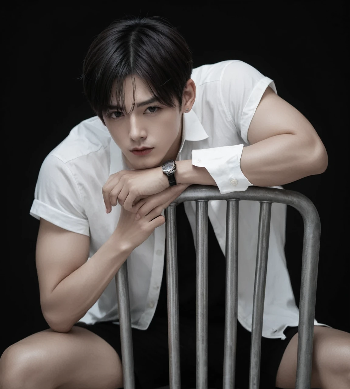 Handsome boy with short hair, sitting on a metal chair on reverse, resting his left arm without tattoos on the back of the chair, and having his right arm bent upward, placing his index finger on his lips as a sign of silence.. 