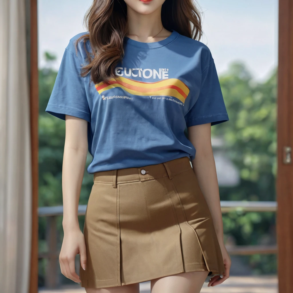 1:3 half body image, beautiful Korean girl, wearing a t-shirt and short skirt. ,UHD,(best quality,4k,8k,highres,masterpiece:1.2),ultra-detailed,(realistic,photorealistic,photo-realistic:1.37)
