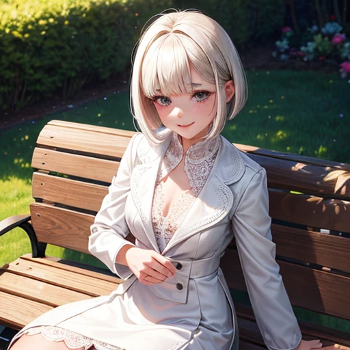 sunny day, Elegant photo of a girl in a blazer dress, (Puffy eyes:1.05), (White lace shirt), Platinum brown hair, (Angled Bob:1.4), Flat bangs, (Flowing Hair), Smile a little, Happy, happiness, Skin with attention to detail, Skin pores, A beautiful innocent symmetrical face, Long eyelashes, black eyeliner, Light gold eyeshadow,(Sit on a bench), Crossed_foot, Emotional, Wind, garden, wood, Grass, masterpiece, Highest quality, Realistic,