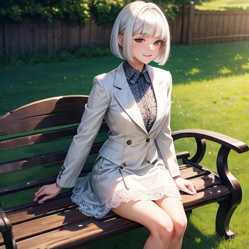 sunny day, Elegant photo of a girl in a blazer dress, (Puffy eyes:1.05), (White lace shirt), Platinum brown hair, (Angled Bob:1.4), Flat bangs, (Flowing Hair), Smile a little, Happy, happiness, Skin with attention to detail, Skin pores, A beautiful innocent symmetrical face, Long eyelashes, black eyeliner, Light gold eyeshadow,(Sit on a bench), Crossed_foot, Emotional, Wind, garden, wood, Grass, masterpiece, Highest quality, Realistic,
