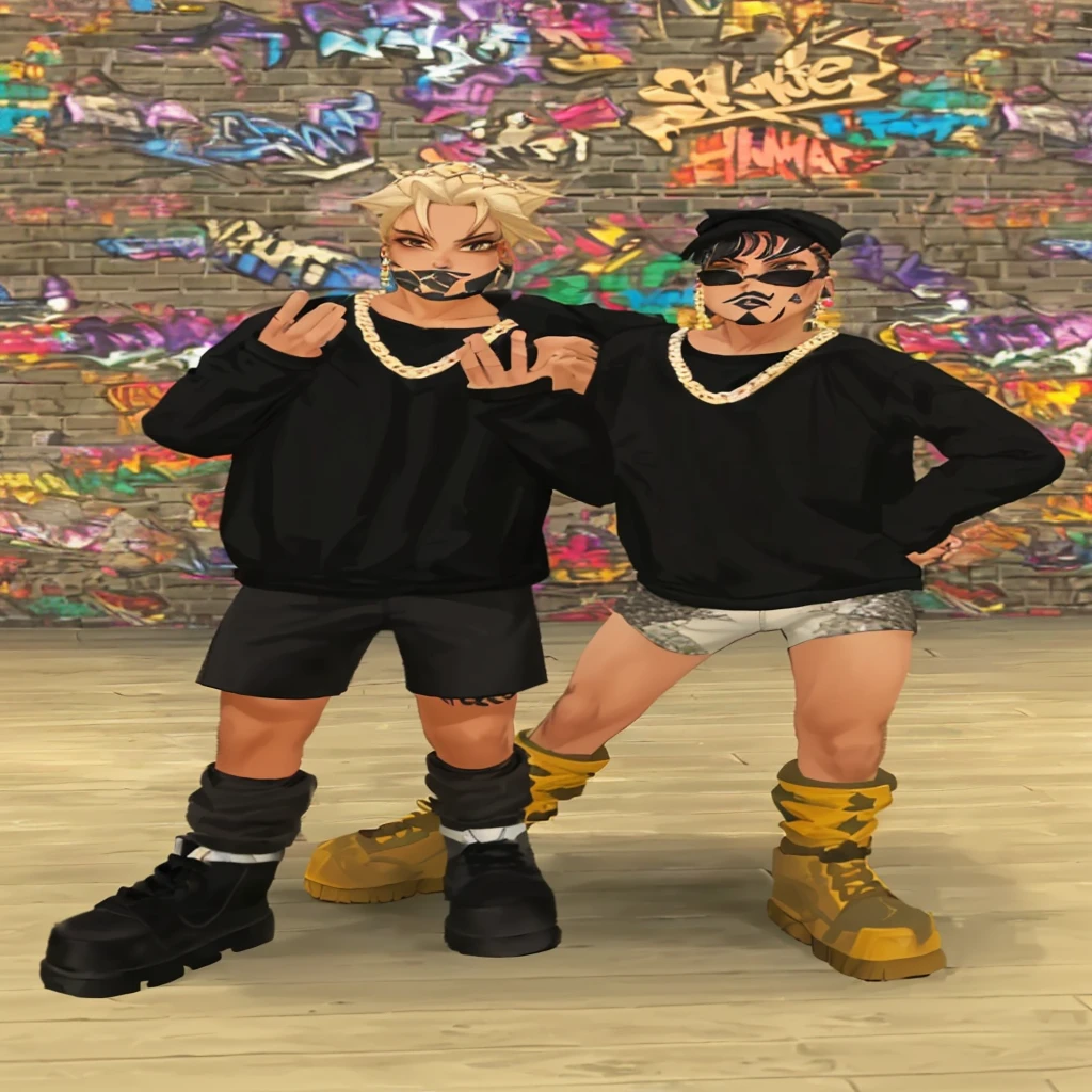 two people in black shirts and shorts standing next to a wall, Hip-Hop Style, ovelha, mechanic punk outfit, street clothes, jrpg aztec street fashion, second life avatar, response styles use, street clothes, inspired urban hiphop, dressed in crustpunk clothing, punk outfit, fashion game screenshot, vestindo roupas pretas, diverse outfits