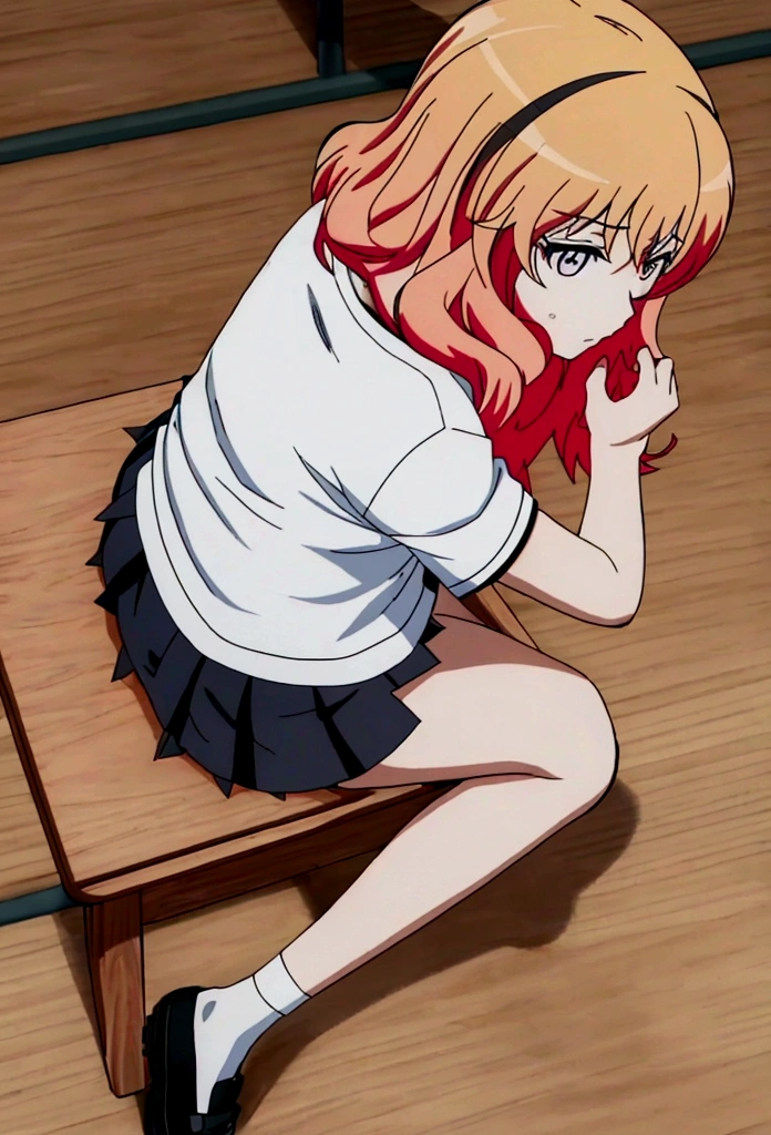 Kurahashi Hinano, long hair, teen, , topless, medium breasts, short black skirt, socks negras, spread legs, fingering pussy, under skirt, black shoes, face of pleasure, perfect body, perfect legs, perfect arms, pose sexy, Classroom, sitting at table, face looking at viewer, noon