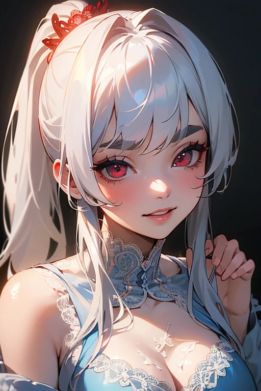 (Highest quality, masterpiece:1.2), (High resolution, 最高masterpiece).(difficult).Very detailed, Realistic:1.37, Fantasy, An illustration,Gray Hair、 Red eyes、Queen, White and blue dress、beautifully、Eyeshadow Red、Thick eyebrows、Long eyelashes、pupils are black、shiny on the lips、Top Sites、Queen、Princess、A kind smile、Show your teeth a little and smile、Soft impression、people々々々Loved by、Slimming the face、Shoulder Bare、ponytail、Kissing Face、Long white hair、Shaggy Bangs、Save face image、((Lace Underwear)).(sexy).