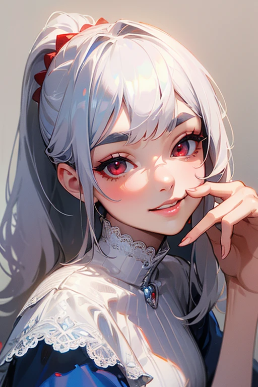 (Highest quality, masterpiece:1.2), (High resolution, 最高masterpiece).(difficult).Very detailed, Realistic:1.37, Fantasy, An illustration,Gray Hair、 Red eyes、Queen, White and blue dress、beautifully、Eyeshadow Red、Thick eyebrows、Long eyelashes、pupils are black、shiny on the lips、Top Sites、Queen、Princess、A kind smile、Show your teeth a little and smile、Soft impression、people々々々Loved by、Slimming the face、Shoulder Bare、ponytail、Kissing Face、Long white hair、Shaggy Bangs、Save face image、((Lace Underwear)).(sexy).