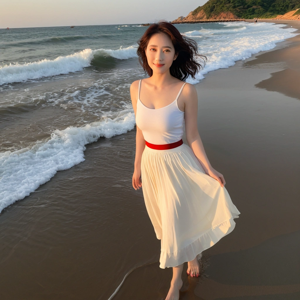 sunset red sun on the beach，A strong lingering scent is reflected in the sea., Beautiful 36-year-old short Korean woman, Chest size 34 inches, Wear white sleeveless, lightweight mid length skirt. beautiful pretty woman look , wearing a light skirt , Go far into the sea water and dip your toes., Short medium hair blowing in the wind, 1 woman, beautiful eyes, a little smile, Full-body photo taken from afar with a wide-angle lens, The background is clean and perfect., the waves are coming