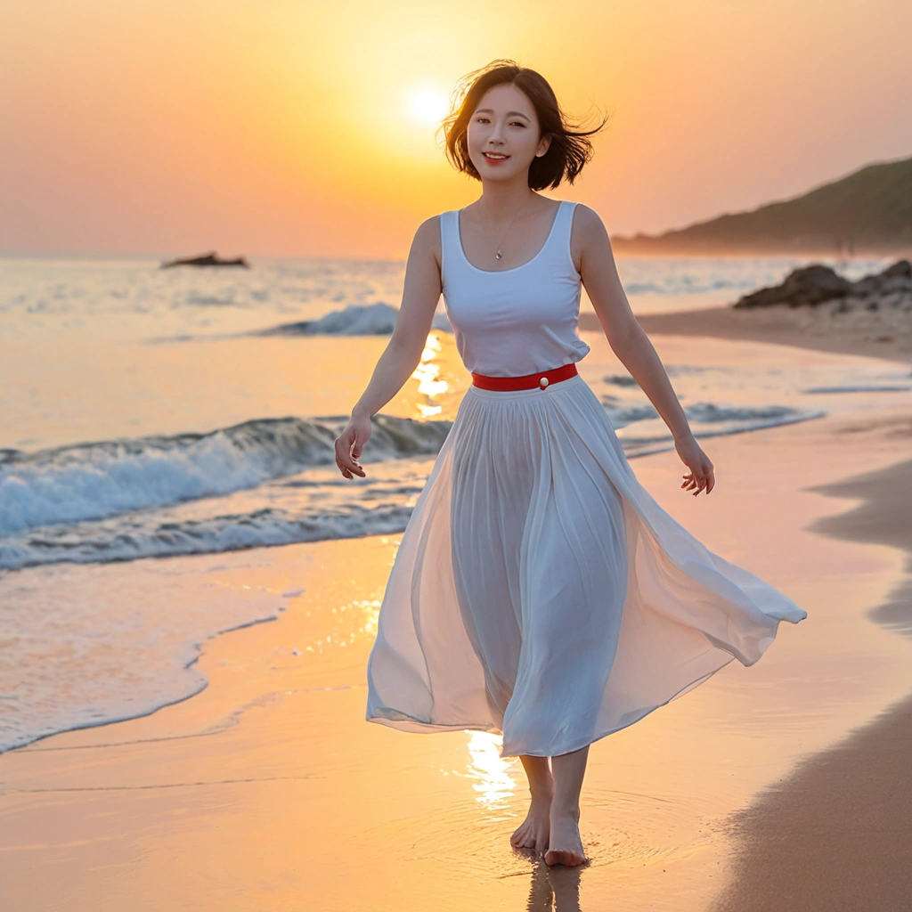 sunset red sun on the beach,A strong lingering scent is reflected in the sea., Beautiful 36-year-old short Korean woman, Chest size 34 inches, Wear white sleeveless, lightweight mid length skirt. beautiful pretty woman look , wearing a light skirt , Go far into the sea water and dip your toes., Short medium hair blowing in the wind, 1 woman, beautiful eyes, a little smile, Full-body photo taken from afar with a wide-angle lens, The background is clean and perfect., the waves are coming