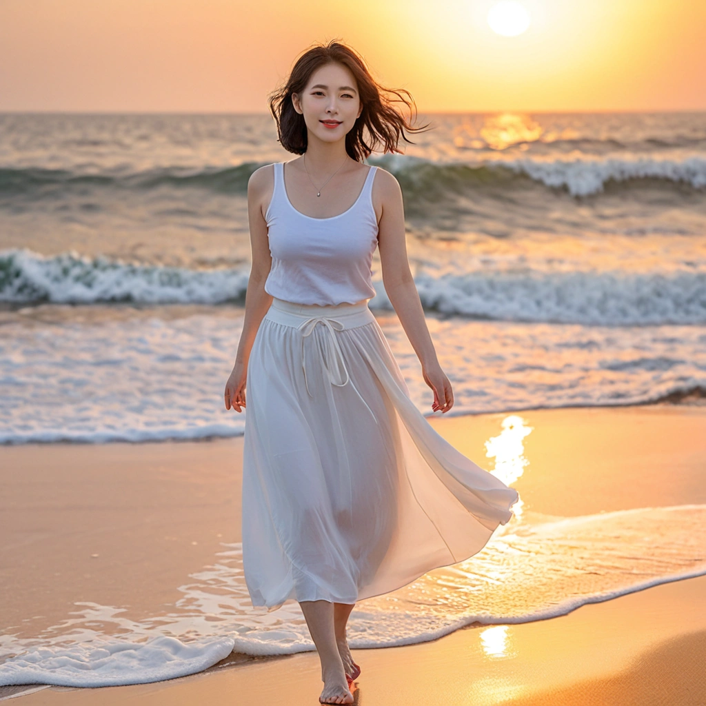 sunset red sun on the beach,A strong lingering scent is reflected in the sea., Beautiful 36-year-old short Korean woman, Chest size 34 inches, Wear white sleeveless, lightweight mid length skirt. beautiful pretty woman look , wearing a light skirt , Go far into the sea water and dip your toes., Short medium hair blowing in the wind, 1 woman, beautiful eyes, a little smile, Full-body photo taken from afar with a wide-angle lens, The background is clean and perfect., the waves are coming
