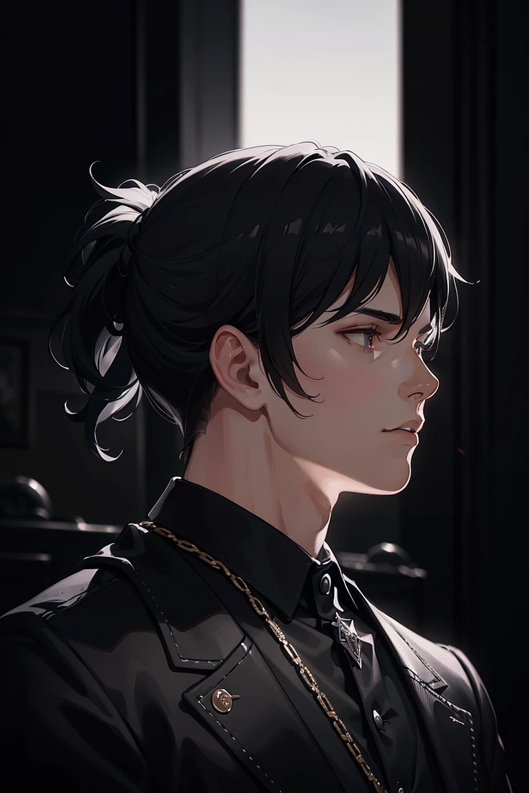 a 20 year old man with black wolfcut hair and silver mullet, extremely detailed side profile portrait, chiaroscuro lighting, cinematic composition, dramatic lighting, high contrast, sharp focus, photorealistic, 8k, intricate details, hyperrealistic, moody, atmospheric