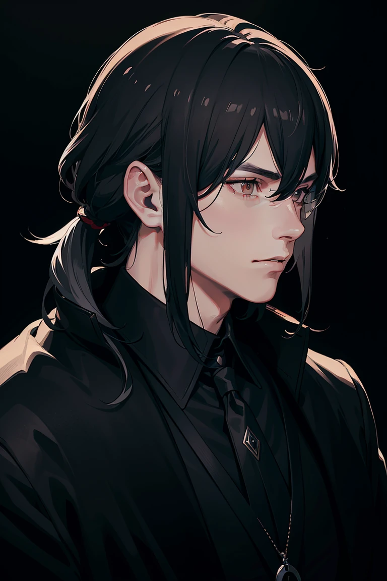 a 20 year old man with black wolfcut hair and silver mullet, extremely detailed side profile portrait, chiaroscuro lighting, cinematic composition, dramatic lighting, high contrast, sharp focus, photorealistic, 8k, intricate details, hyperrealistic, moody, atmospheric