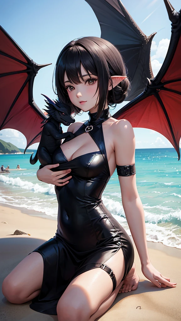 fairy girl on beach with baby black dragon