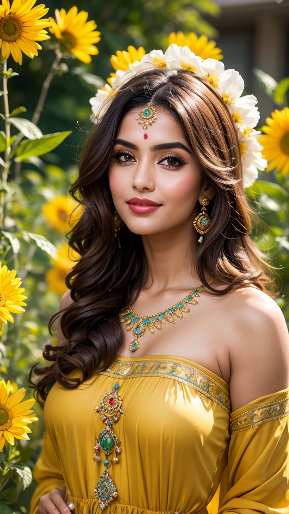 (((HD photo))), ultra high res.photorealistic:. 1.4, UHD, masterpiece, trending on artstation, portrait, 1girl, pretty, cute face, most beautiful in the world, soft, delicate, wavy blonde hair, large huge breasts, a vibrant Indian woman with olive skin and dark hair styled in loose waves. She has striking, almond-shaped eyes with bold eyebrows and intense,. Her lips are painted in a subtle, natural color, A carefree Pakistani woman with a contagious laugh lies amidst a field of brightly colored wildflowers. She wears a whimsical off-the-shoulder dress with floral patterns. The camera (50mm lens, unzoomed) captures her from a low angle, framing her against the vastness of the flower field. The sunlight creates a natural spotlight on her joyful expression