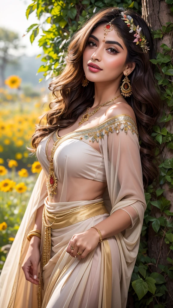 (((HD photo))), ultra high res.photorealistic:. 1.4, UHD, masterpiece, trending on artstation, portrait, 1girl, pretty, cute face, most beautiful in the world, soft, delicate, wavy blonde hair, large huge breasts, a vibrant Indian woman with olive skin and dark hair styled in loose waves. She has striking, almond-shaped eyes with bold eyebrows and intense,. Her lips are painted in a subtle, natural color, A carefree Pakistani woman with a contagious laugh lies amidst a field of brightly colored wildflowers. She wears a whimsical off-the-shoulder dress with floral patterns. The camera (50mm lens, unzoomed) captures her from a low angle, framing her against the vastness of the flower field. The sunlight creates a natural spotlight on her joyful expression